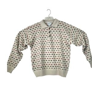 Irvine Park Knit Polo Shirt Small SML Beige Red Gray Pattern Long Sleeve